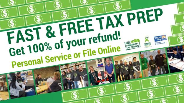 Images of Tax heroes, people receiving tax prep services, surrounded by green dollar bills graphics